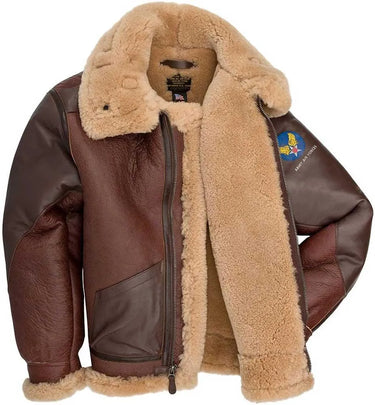 Interior view of Pearl Harbor B-3 Sheepskin Bomber Jacket showing full shearling lining and Army Air Forces patch
