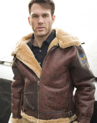 Model wearing Cockpit USA Pearl Harbor B-3 Sheepskin Bomber Jacket outdoors