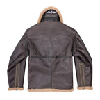 Back view of the RAF bomber jacket displaying its clean leather paneling and zip cuffs.
