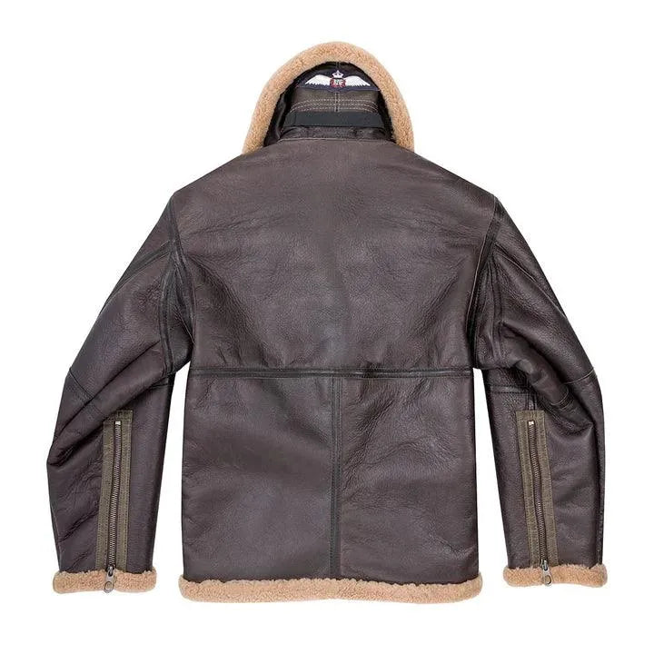 Back view of the RAF bomber jacket displaying its clean leather paneling and zip cuffs.