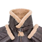 Close-up of the shearling collar buckled up to provide full neck coverage.