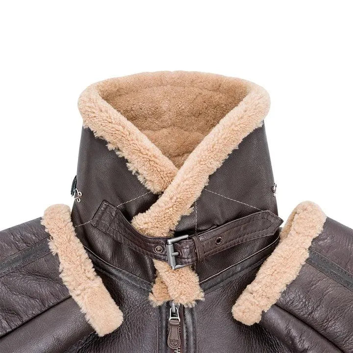 Close-up of the shearling collar buckled up to provide full neck coverage.