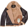 Open view of the jacket showcasing the full shearling interior and inside pocket label.