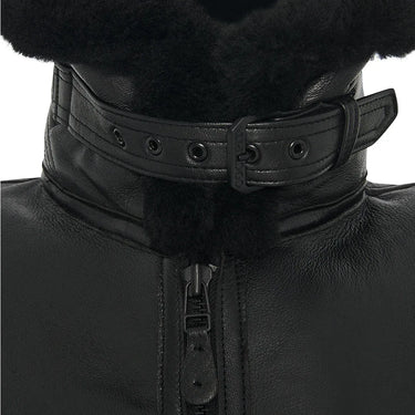 Detailed view of the black shearling collar and leather buckle on the Cockpit USA R.A.F. Sheepskin Bomber Jacket
