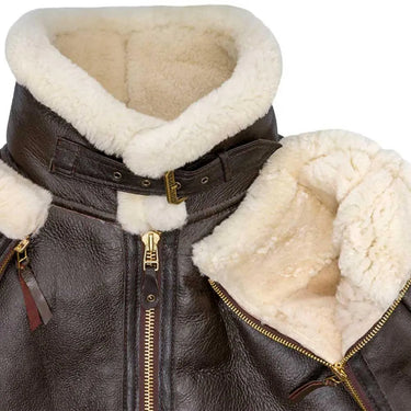 Close-up of collar and sheepskin detail on Cockpit USA Men's Scout Sheepskin Bomber Jacket