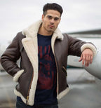 Model wearing Cockpit USA Men's Scout Sheepskin Bomber Jacket