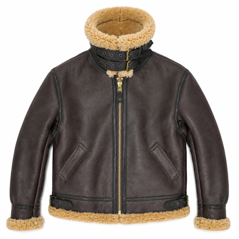 Cockpit USA Men's Spitfire B-3 Jacket on flat lay fully zipped with collar buckled