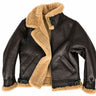 Front view of Cockpit USA Men's Spitfire B-3 Bomber Jacket partially unzipped to show shearling lining made in USA