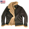 Front view of Cockpit USA Men's Spitfire B-3 Bomber Jacket partially unzipped to show shearling lining made in USA