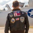 Male model wearing Cockpit USA Men's Top Gun II G-1 Jacket outdoors showing back and collar details