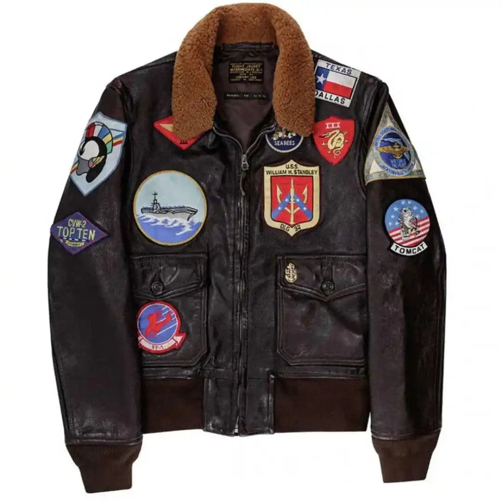 Front view of Cockpit USA Men's Top Gun II Navy G-1 Flight Jacket with signature patches