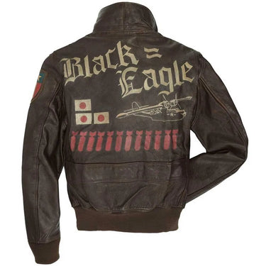 Back view of Cockpit USA Men's Black Eagle Flight Jacket featuring “Black Eagle” artwork and bomb markings