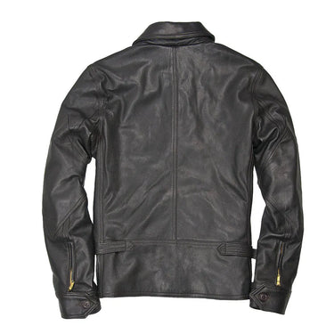 Back view of Cockpit USA Men's USN Carrier Jacket showing clean black leather panel construction