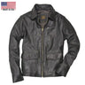 Front view of Cockpit USA Men's USN Carrier Leather Jacket with buttoned flap pockets made in USA