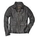 Front view of Cockpit USA Men's USN Carrier Leather Jacket with buttoned flap pockets made in USA