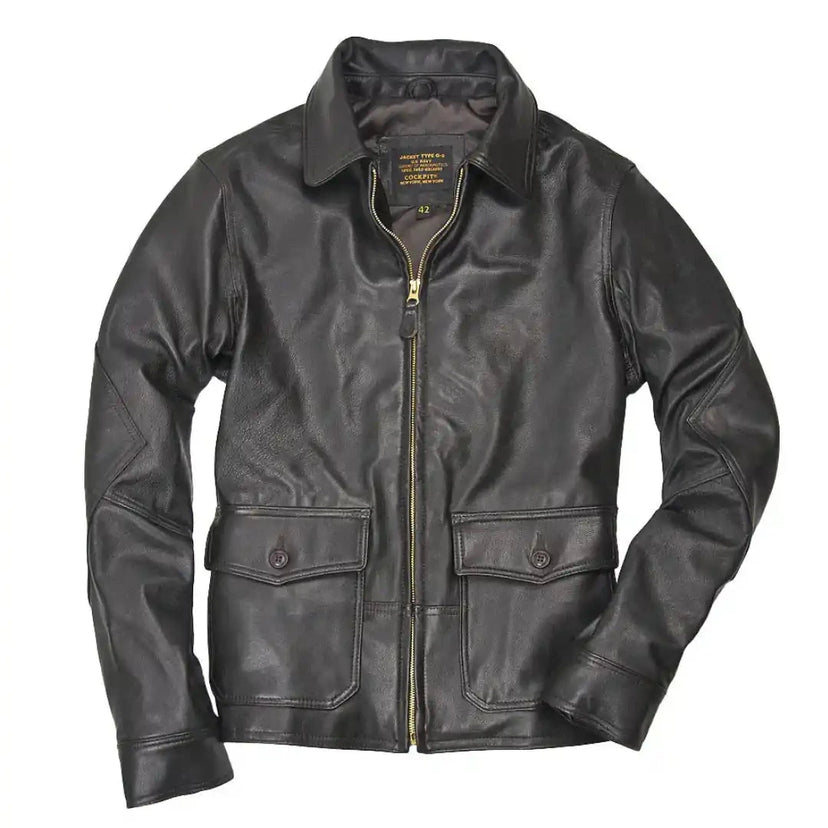 Front view of Cockpit USA Men's USN Carrier Leather Jacket with buttoned flap pockets made in USA