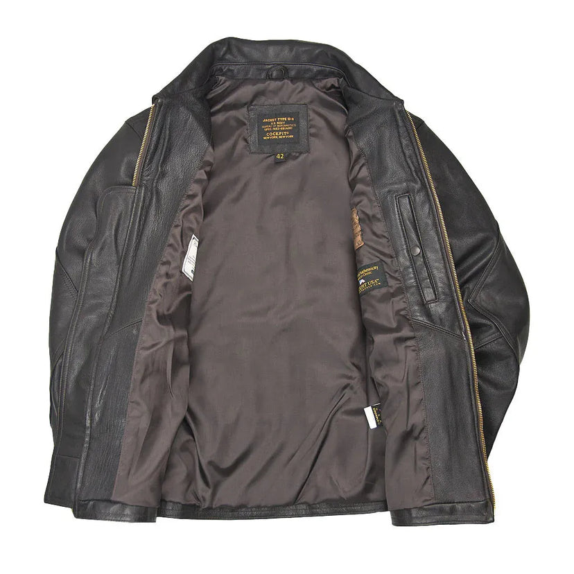 Interior view of Cockpit USA Men's USN Carrier Leather Jacket with plain lining and branded label