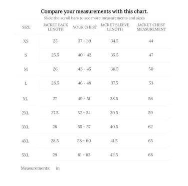 Size chart for Cockpit USA Men's USN Fighter Weapons Nylon Flight Jacket showing chest, sleeve, and back length