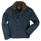 Front view of Cockpit USA Men's N1 Bedford Cord Deck Jacket in navy with button closure and fleece collar made in USA
