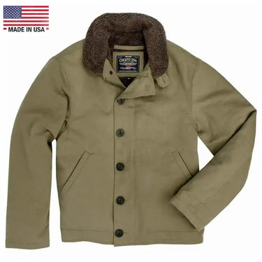 Front view of Cockpit USA Men's N1 Bedford Cord Deck Jacket in sage green with button closure and fleece collar made in USA
