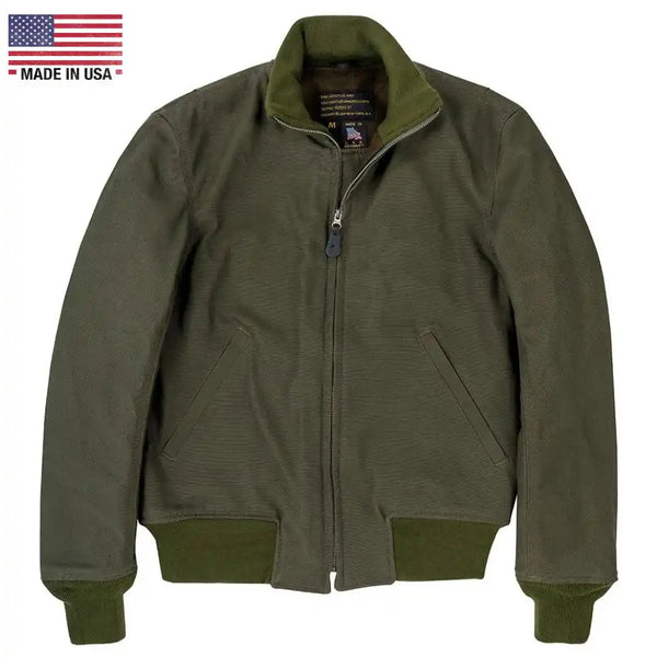 Front view of Cockpit USA Men's WWII American Tanker Jacket in olive green with wool lining made in USA