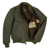 Inside view of olive WWII Tanker Jacket showing brown wool lining and authenticity label