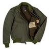 Inside view of olive WWII Tanker Jacket showing brown wool lining and authenticity label