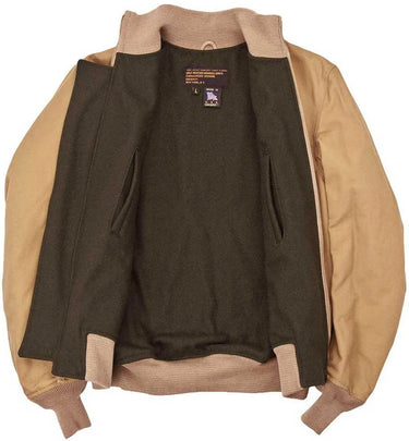 Interior view of Cockpit USA British Khaki Tanker Jacket showing olive wool lining and labels