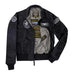 Alternate front of the Cockpit USA Movie Heroes Black Stealth Nylon Flight Jacket showing full patches and details.