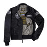 Alternate front of the Cockpit USA Movie Heroes Black Stealth Nylon Flight Jacket showing full patches and details.