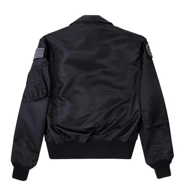 Back view of the Cockpit USA Movie Heroes Black Nylon Flight Jacket with clean panel and shoulder patch.