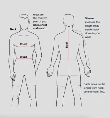 Measurement guide illustration showing how to measure neck, chest, waist, sleeve, and back for accurate sizing.