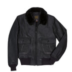 Front view of Cockpit USA Men's Submariner G-1 Leather Flight Jacket in black with flap pockets and mouton collar made in USA