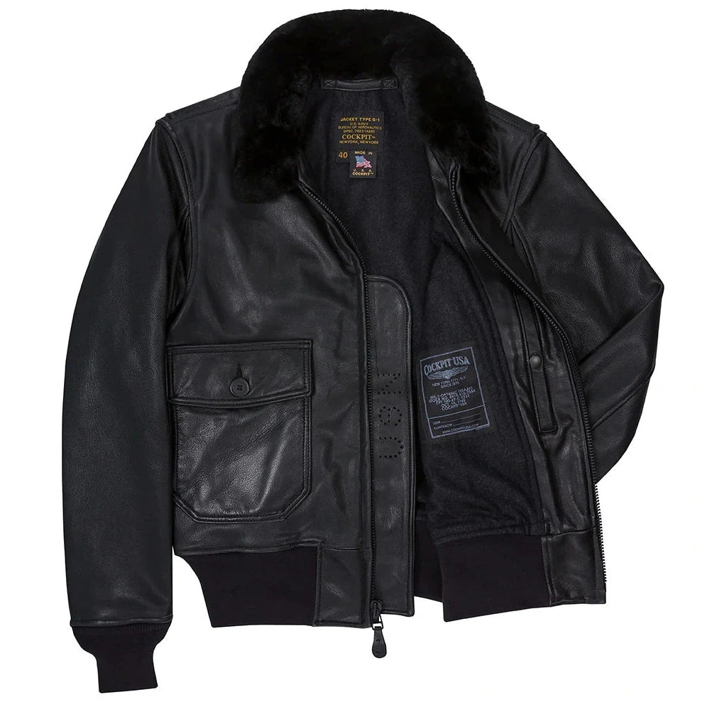 Cockpit USA Mens USN Submariner G-1 Leather Flight Jacket (Black)
