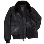 Open front view of Cockpit USA Men's Submariner G-1 Jacket in black showing interior lining and tags