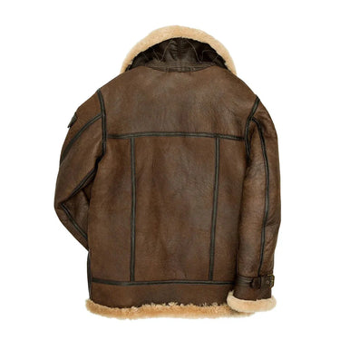 Back view of the bomber jacket highlighting panel stitching, shearling trim, and rugged WWII design