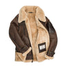Inside view of the jacket from left angle showing full shearling lining and certification label