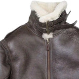 Close-up of the collar, buckle straps, and rich shearling texture on Cockpit USA The General B-3 Jacket