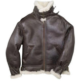 Front view of Cockpit USA The General B-3 Sheepskin Bomber Jacket in distressed brown leather with cream shearling collar and trim