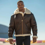 Model wearing Cockpit USA The General B-3 bomber jacket outdoors, showing fit and silhouette