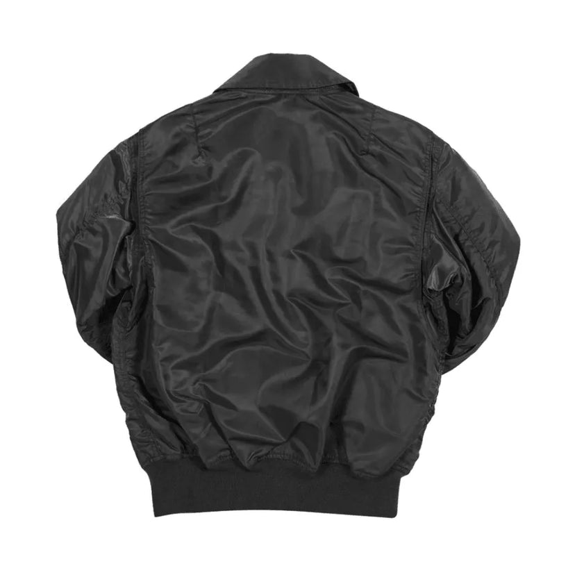 Back view of the Cockpit USA Fighter Weapons Nylon Jacket in black with gathered waistband.