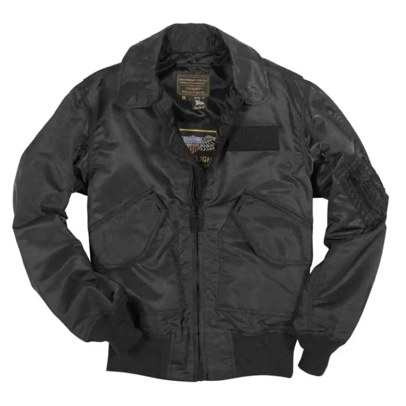 Front view of the Cockpit USA Men's USN Fighter Weapons Nylon Flight Jacket in black with patch-ready Velcro and angled pockets.