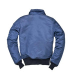 Back view of the Cockpit USA Women's B-15 Bomber Jacket in solid blue nylon., made in USA