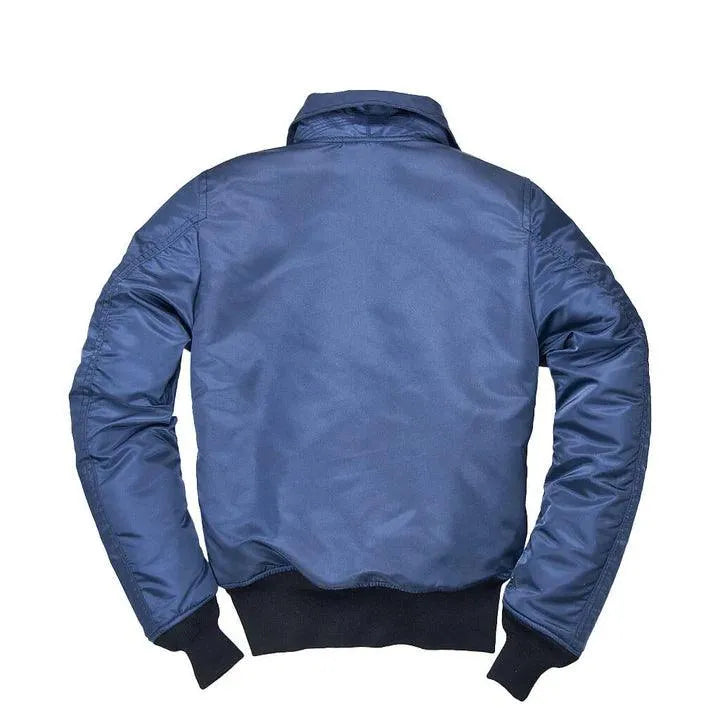 Back view of the Cockpit USA Women's B-15 Bomber Jacket in solid blue nylon., made in USA