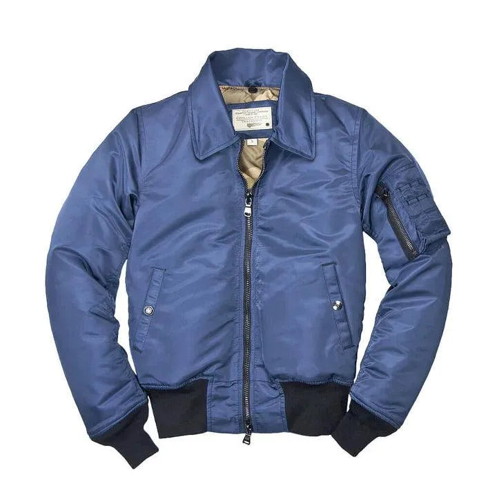 Front view of the B-15 Jacket with collar down, without the fur trim., made in USA