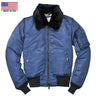 Front view of the Cockpit USA Women's B-15 Bomber Jacket in blue with a black fur collar.