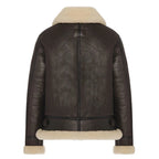 Back view of Cockpit USA Women's B-3 Sheepskin Bomber Jacket in brown leather and shearling