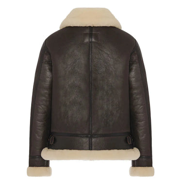 Back view of Cockpit USA Women's B-3 Sheepskin Bomber Jacket in brown leather and shearling