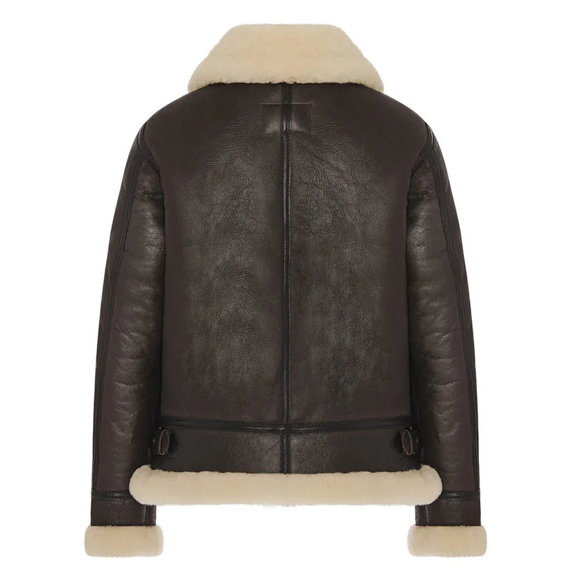 Back view of Cockpit USA Women's B-3 Sheepskin Bomber Jacket in brown leather and shearling