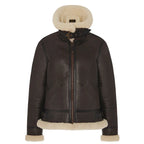 Front view of Cockpit USA Women's B-3 Sheepskin Jacket fully zipped with collar up